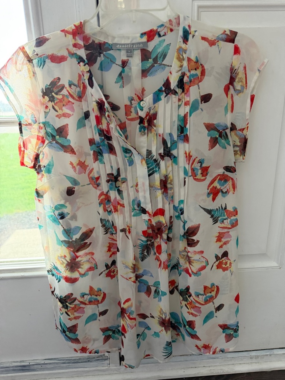 daniel rainn Sheer Floral Pintuck Blouse in Ivory with Teal, Red, Coral, Brown
